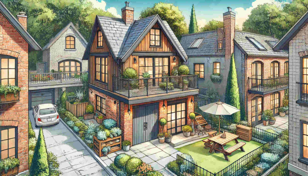 illustration of a charming coach house apartment. The scene features a small, two-story coach house with rustic brick or wooden exterior,