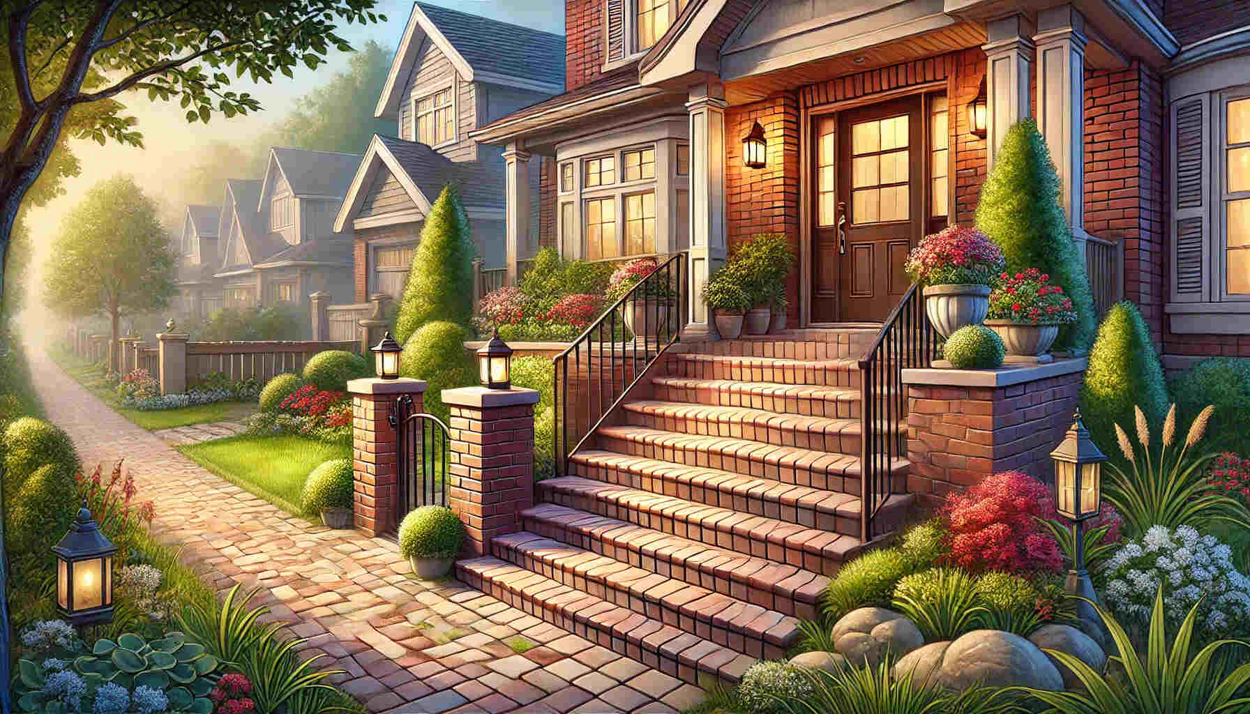 illustration of a charming front entrance with brick steps leading to a front door. The scene features a set of beautifully arranged brick