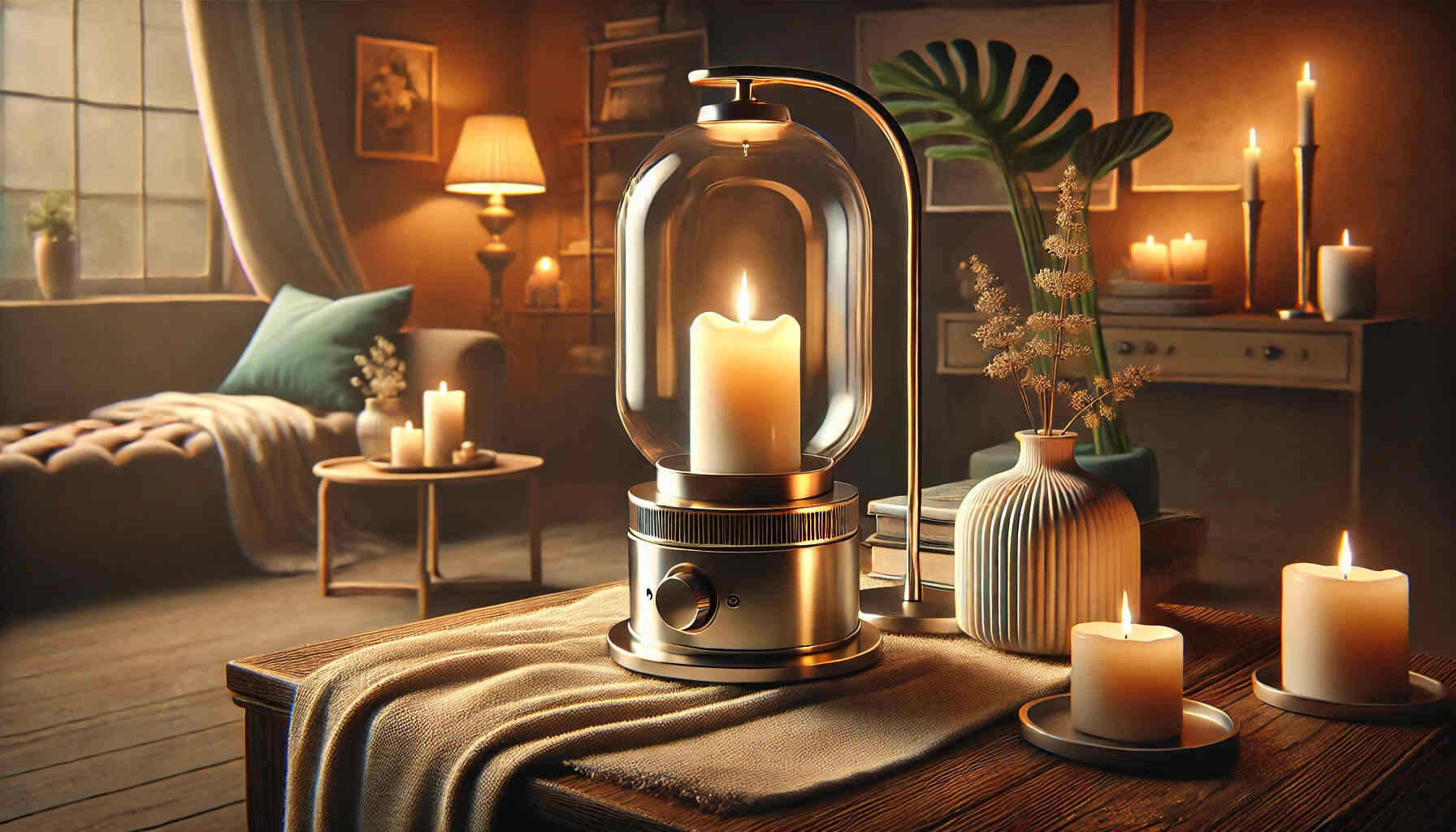 illustration of a cozy interior scene featuring a stylish candle warming lamp.