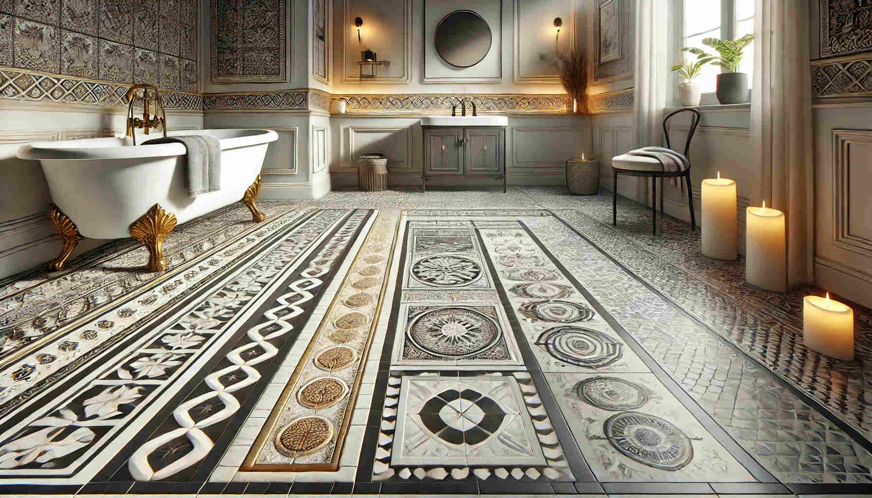 illustration of a stylish bathroom floor showcasing different tile border designs.