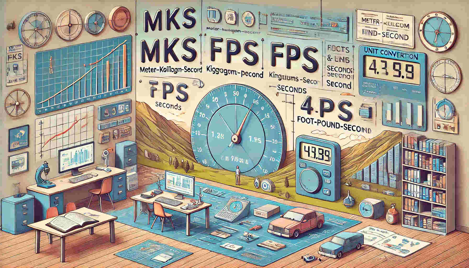 illustration showcasing unit conversion between MKS (Meter-Kilogram-Second) and FPS (Foot-Pound-Second) systems.