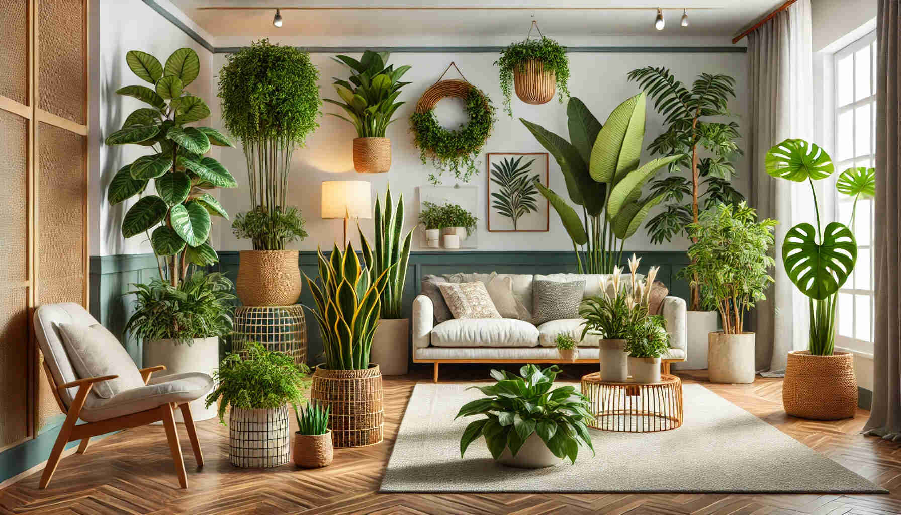 indoor setting featuring a variety of tall house plants. The scene includes popular tall houseplants