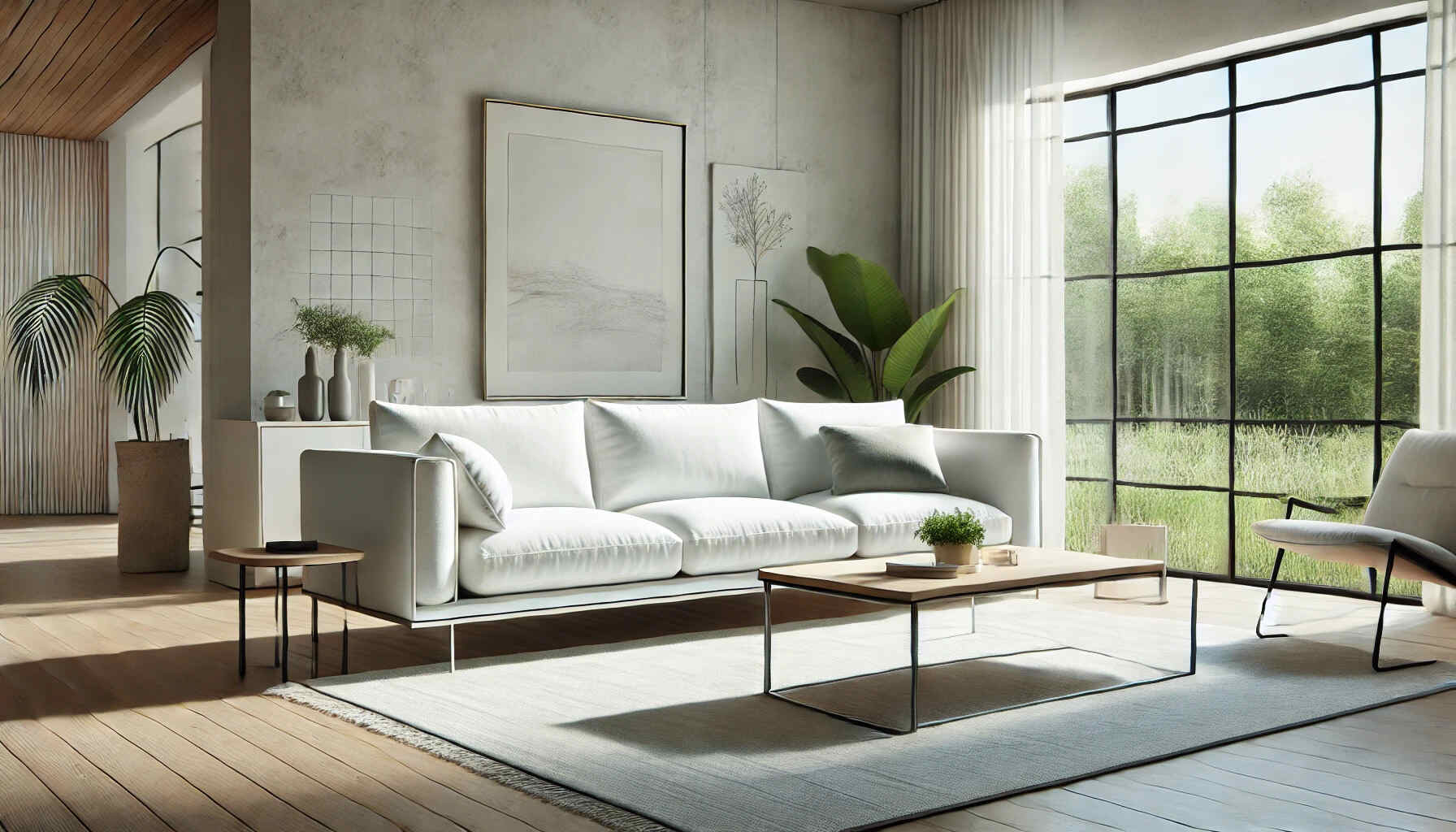 modern living room with a sleek, minimalist white sofa in the center.