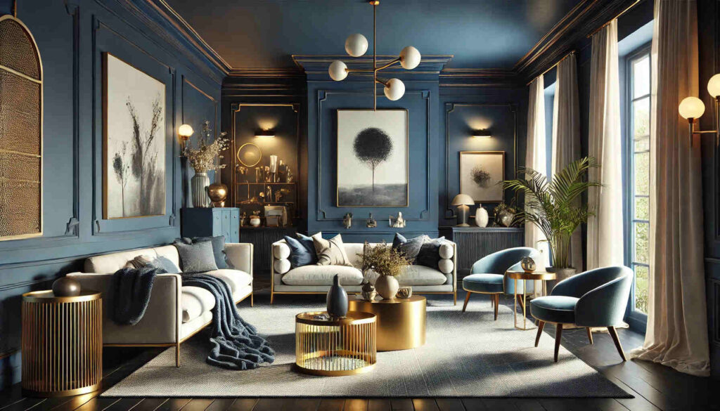 stylish home interior decorated with Farrow and Ball Hague Blue paint.