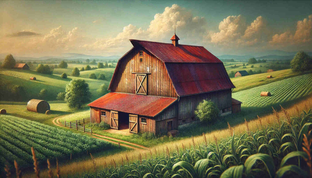 traditional barn with a rustic red roof set in a rural landscape.