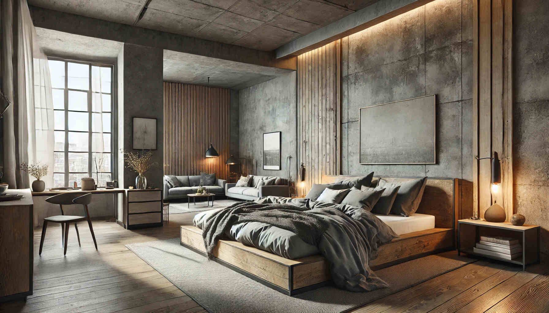 A modern bedroom with a rustic design in shades of gray, featuring cozy, contemporary decor.