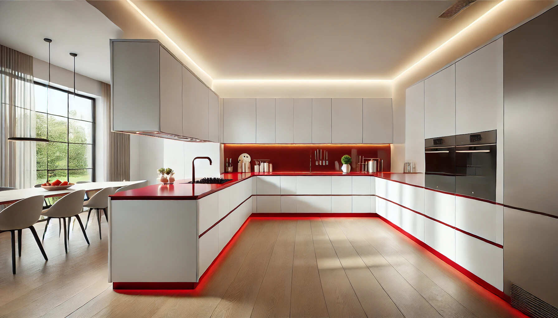 A modern kitchen with elegant white cabinets and striking red Corian countertops.