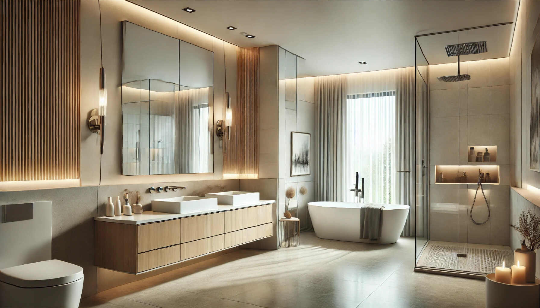 A modern master bathroom featuring a spacious, minimalist design with clean lines and a relaxing atmosphere