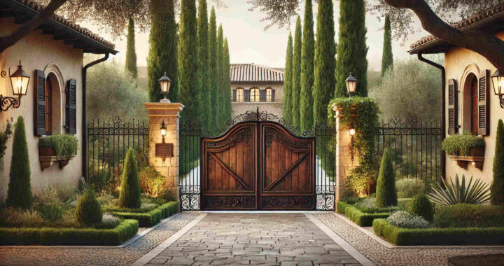 Tuscan Style Front Driveway Wooden Gates: Welcoming Elegance with Rustic Charm