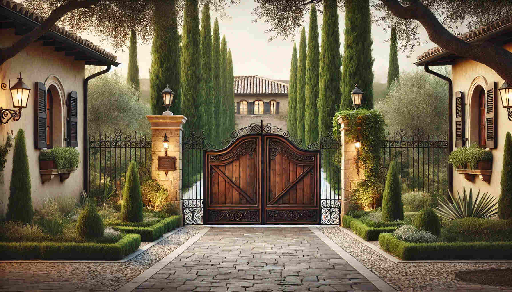 A scenic Tuscan-style front driveway with large, rustic wooden gates.