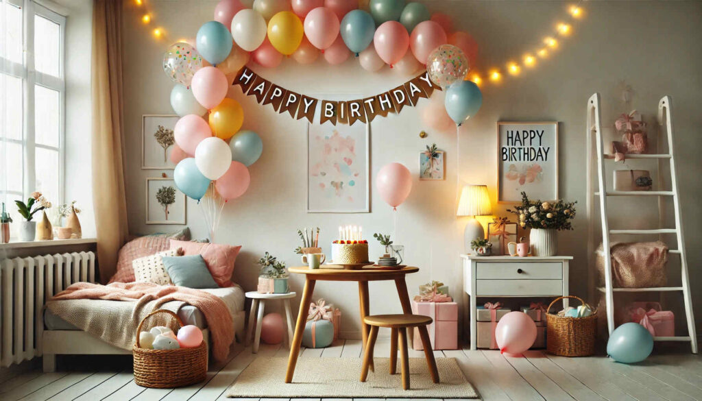 simple birthday home decoration. The room is filled with colorful balloons in clusters around the corners