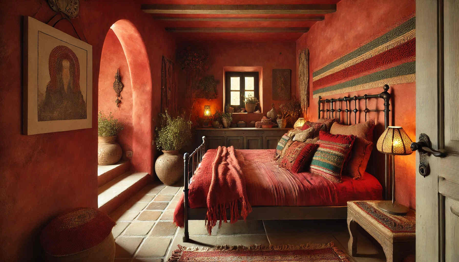 small Mediterranean-style bedroom in landscape format with rich red accents.