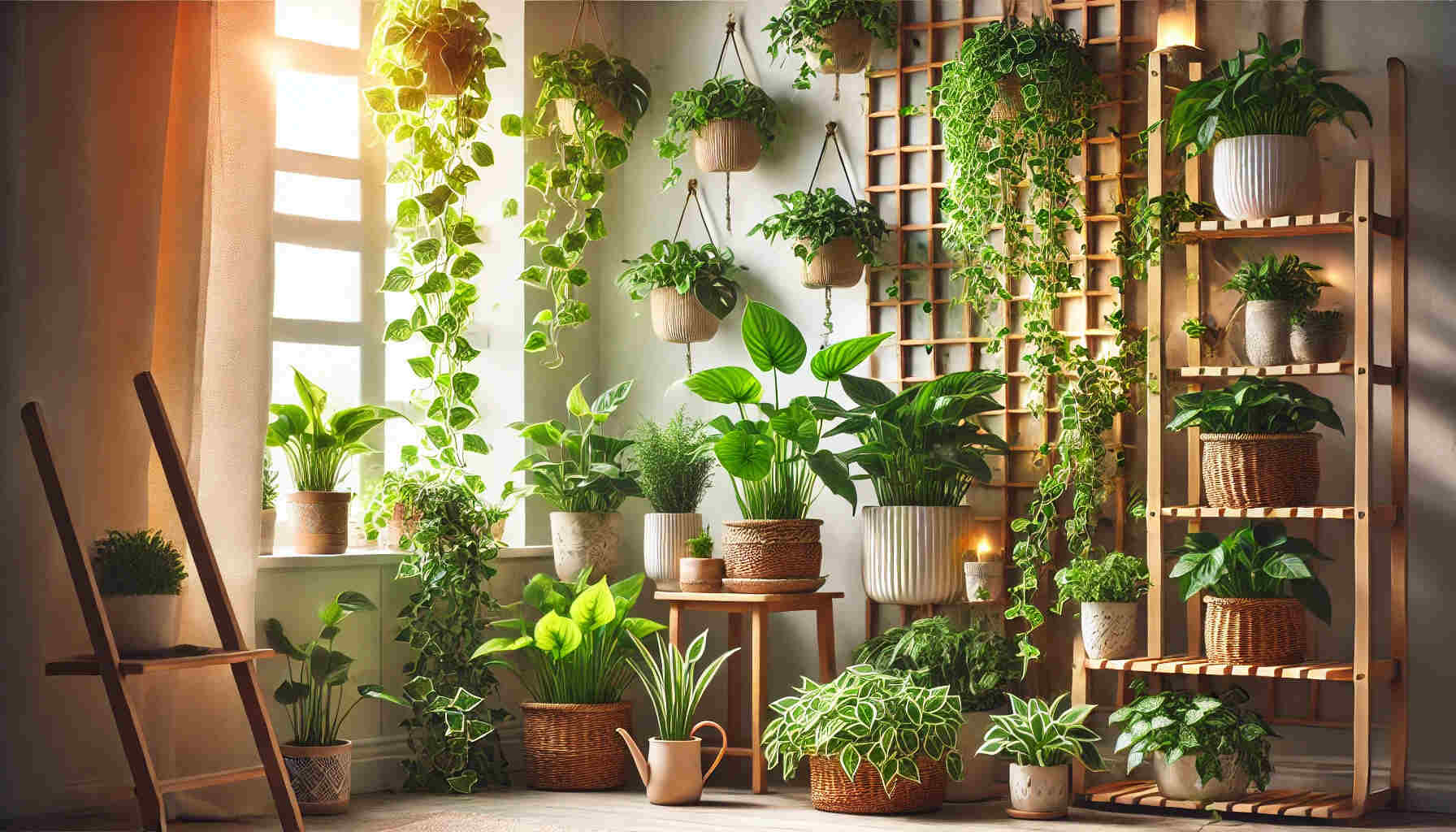 A beautiful scene featuring a variety of pothos plants used for home gardening.