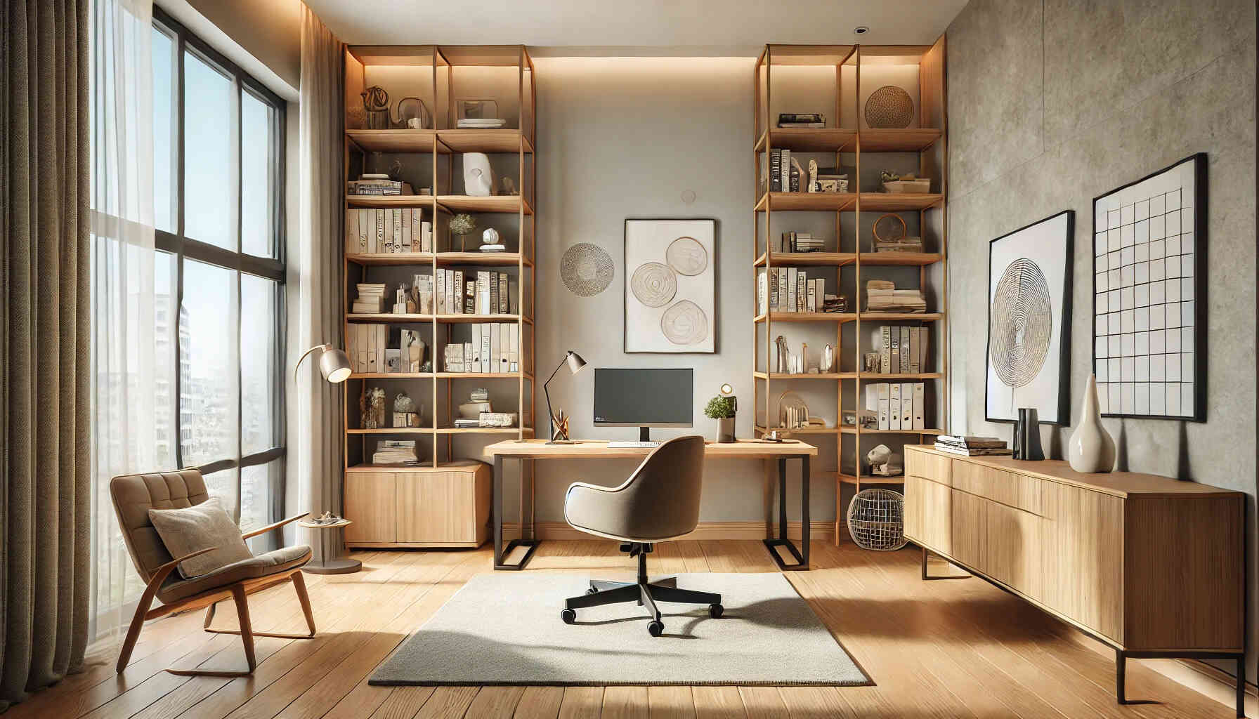 A beautifully designed study room featuring a modern aesthetic. The room includes a sleek wooden desk with a comfortable ergonomic chair.