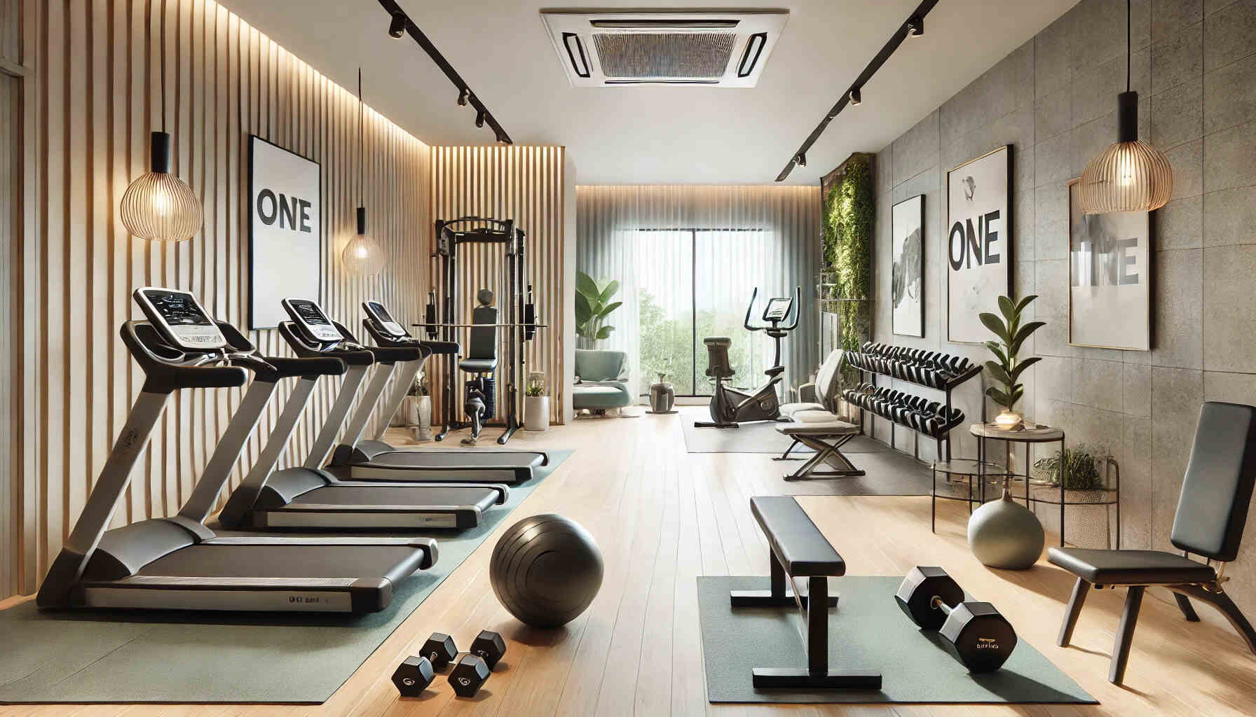 A landscape-format image of a modern home gym with stylish decor and thoughtful design.