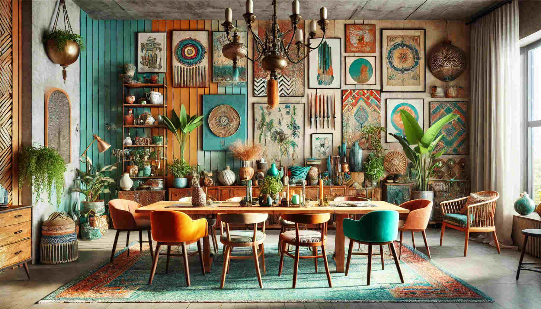 A landscape-format image of an eclectic dining room, combining diverse styles and colors for a unique, vibrant look.