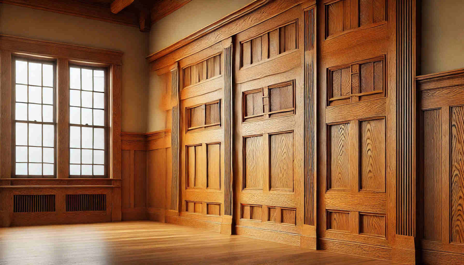 A landscape-format image showcasing a craftsman-style oak wall panel design.