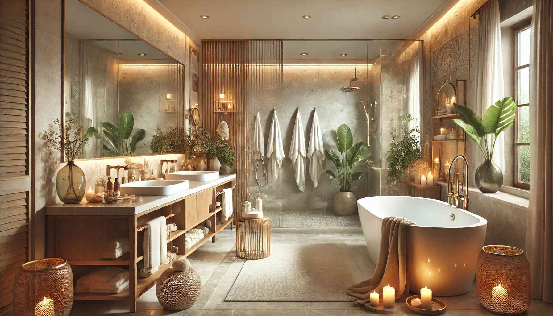 A landscape-format image showcasing a luxurious, spa-like bathroom retreat.