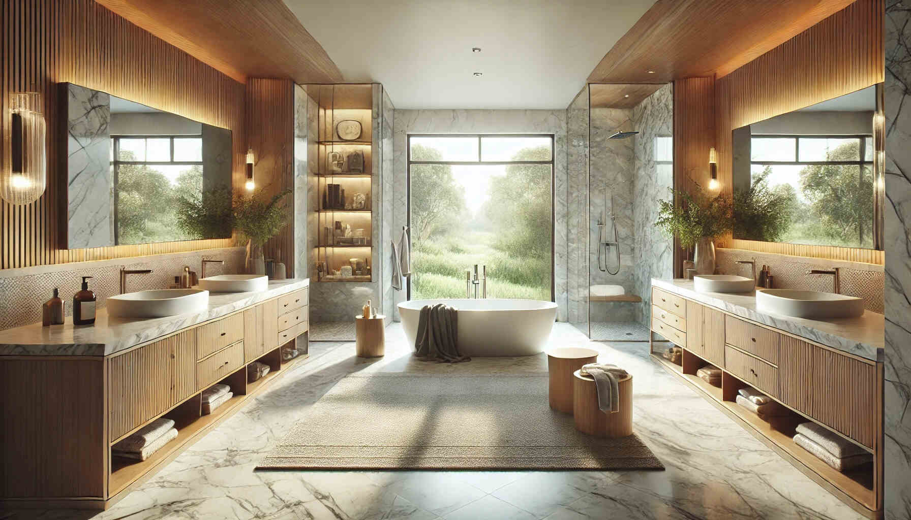 A landscape-format image showcasing design ideas for a large, luxurious bathroom.