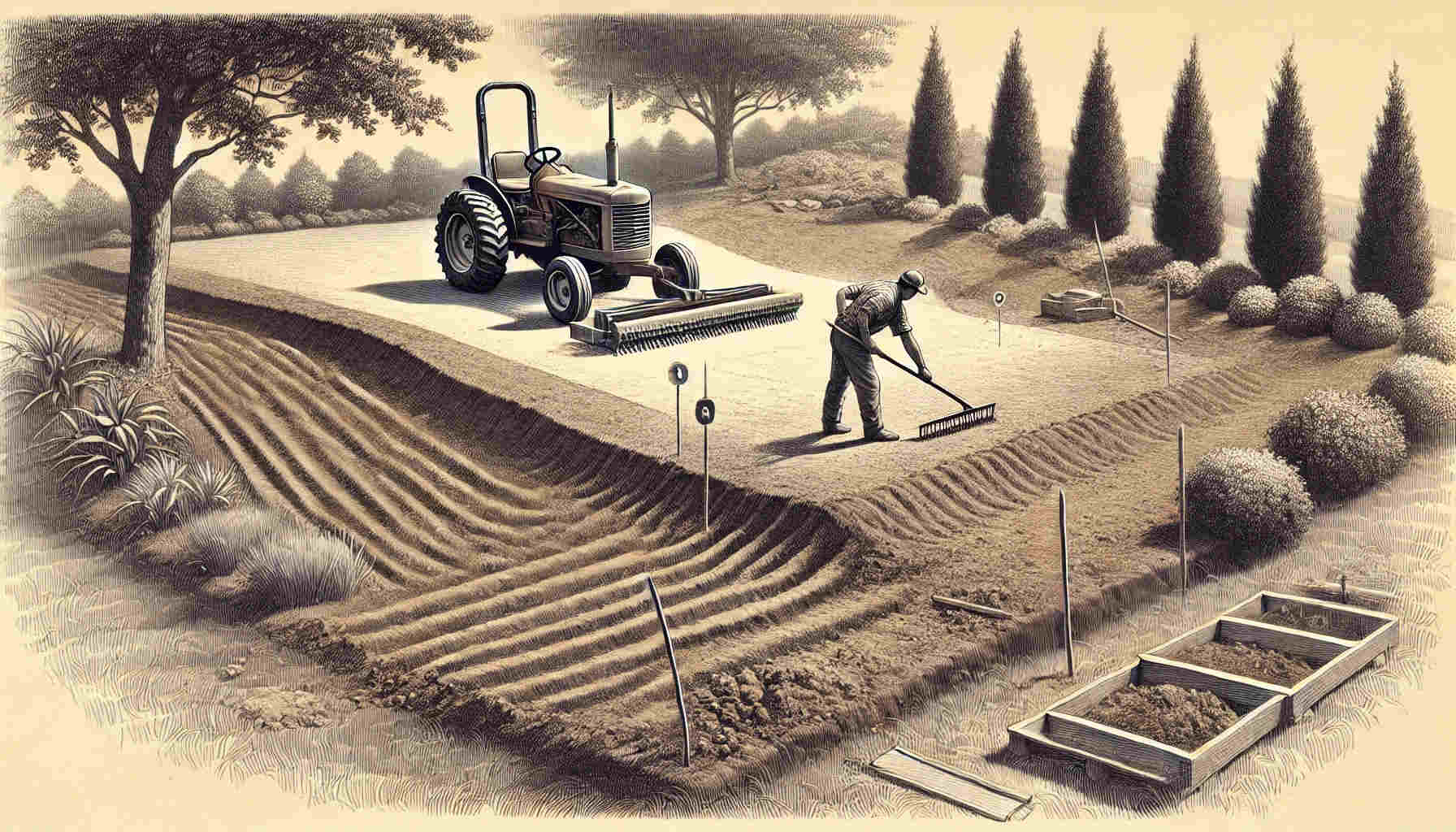 A landscape scene showing a yard being graded for proper drainage.