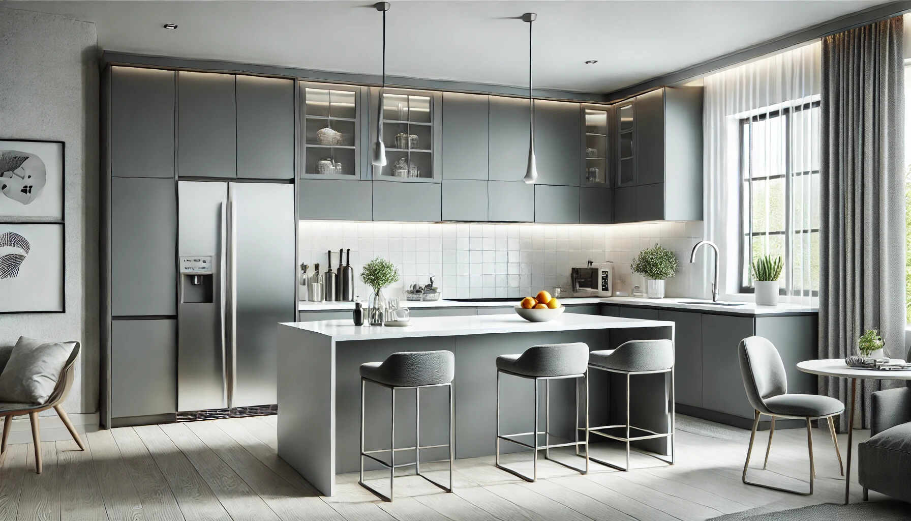 A modern kitchen featuring sleek grey cabinets with a matte finish, complemented by white quartz countertops and a matching backsplash.