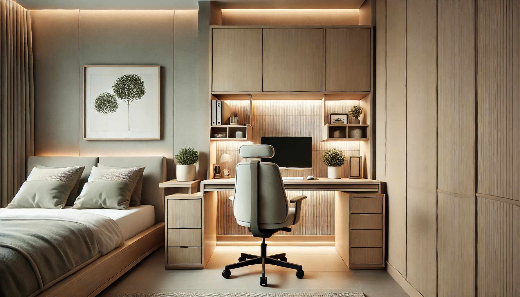 A stylish and modern bedroom featuring a compact and elegant study table design.