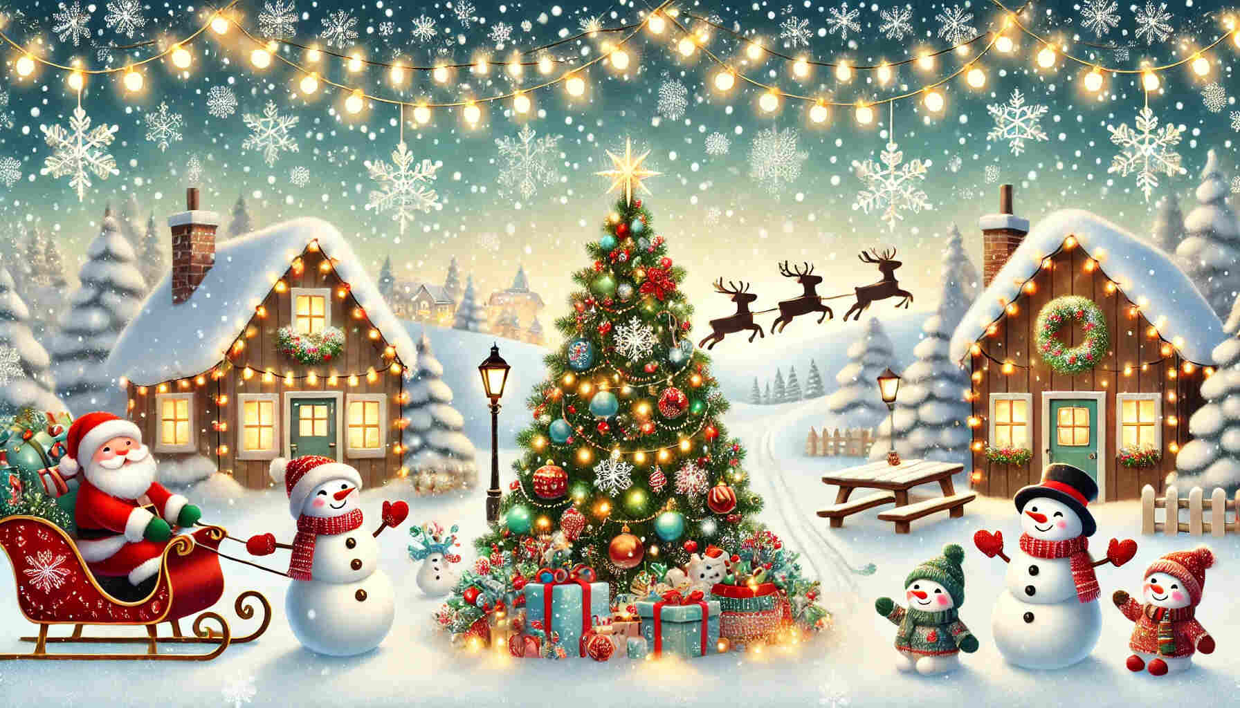 A festive and adorable Christmas wallpaper featuring a snowy winter scene with a decorated Christmas tree cheerful snowmen and glowing string lights.