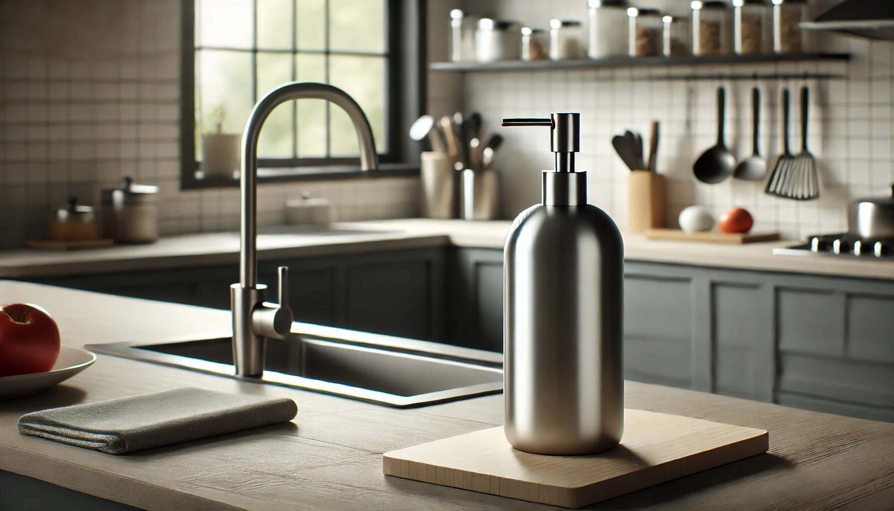 A sleek and modern dish soap dispenser placed on a kitchen countertop. The design is minimalist featuring a stainless steel body with a matte finish