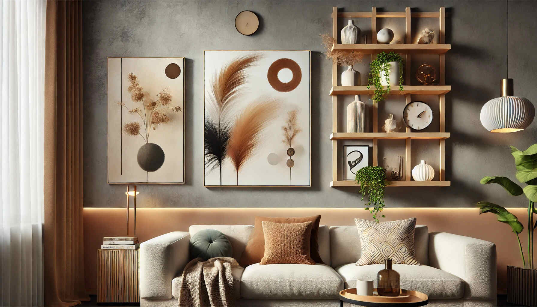 A stylish and modern wall décor setup featuring creative elements like abstract paintings floating wooden shelves with decorative items hanging plan.